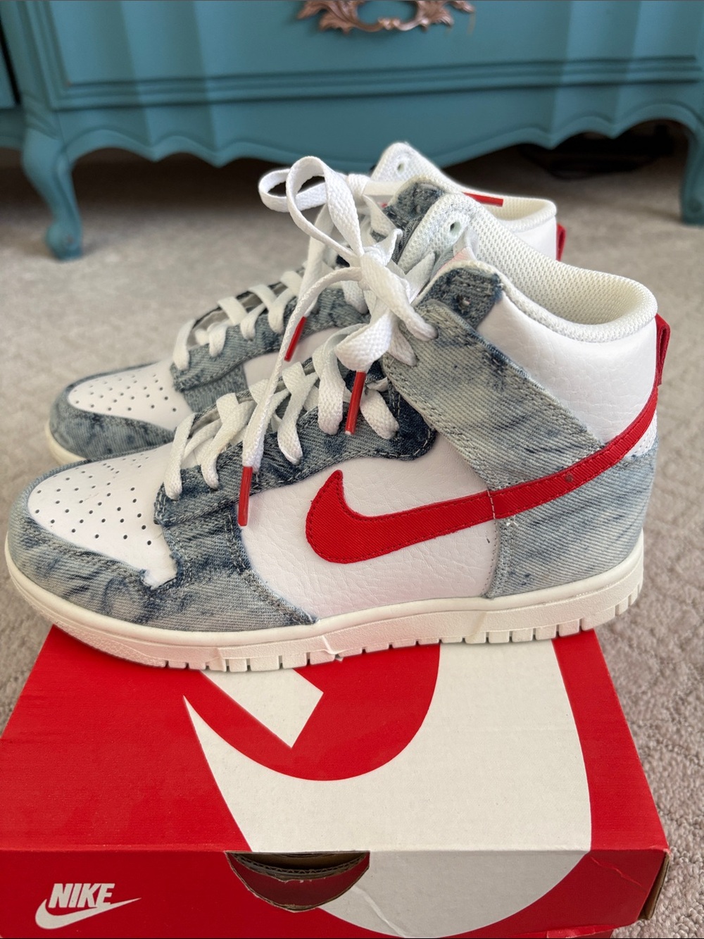 Women’s Nike Dunk High-Top Sneakers Blue Denim and White with Red Swoosh size 6
